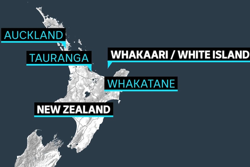 A map of New Zealand's North Island showing Whakaari / White Island in relation to the island's major cities.