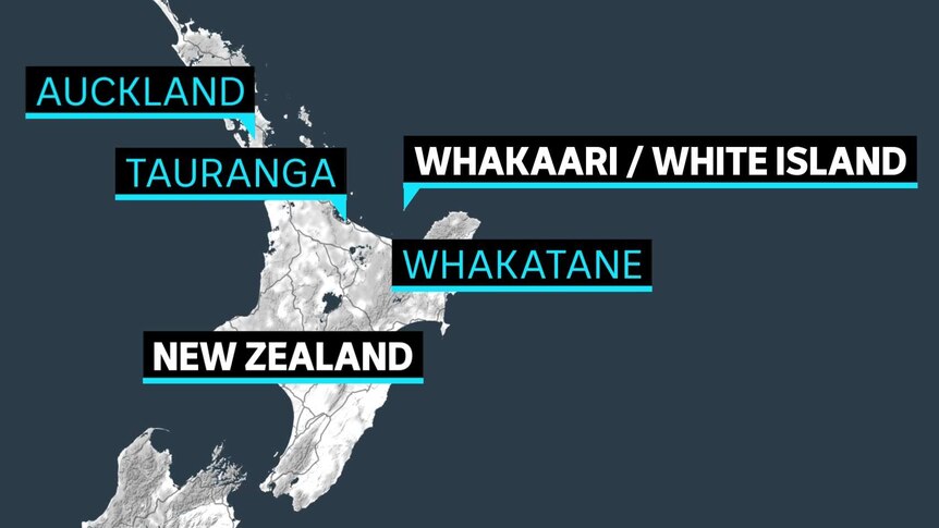 A map of New Zealand's North Island showing Whakaari / White Island in relation to the island's major cities.
