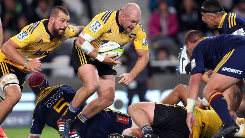 On the charge ... Ben Franks takes on the Highlanders defence