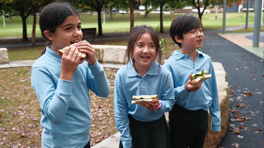 A group of school children eat sandwiches near a park.