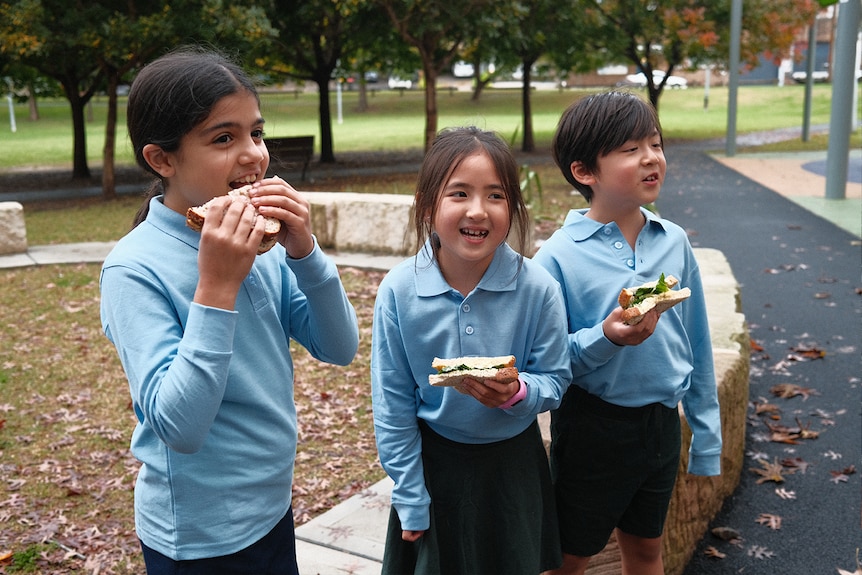 A group of school children eat sandwiches with a park behind them. 