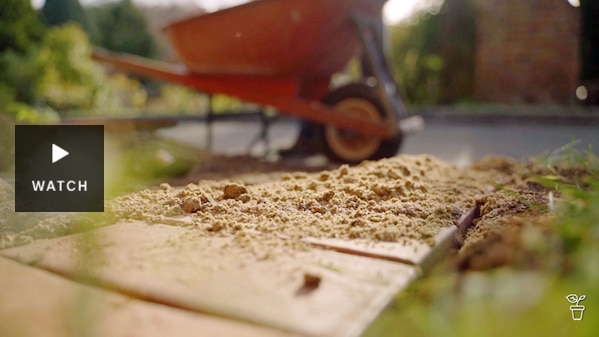 Paving bricks covered with sand along the edge of a garden bed. Has Video.