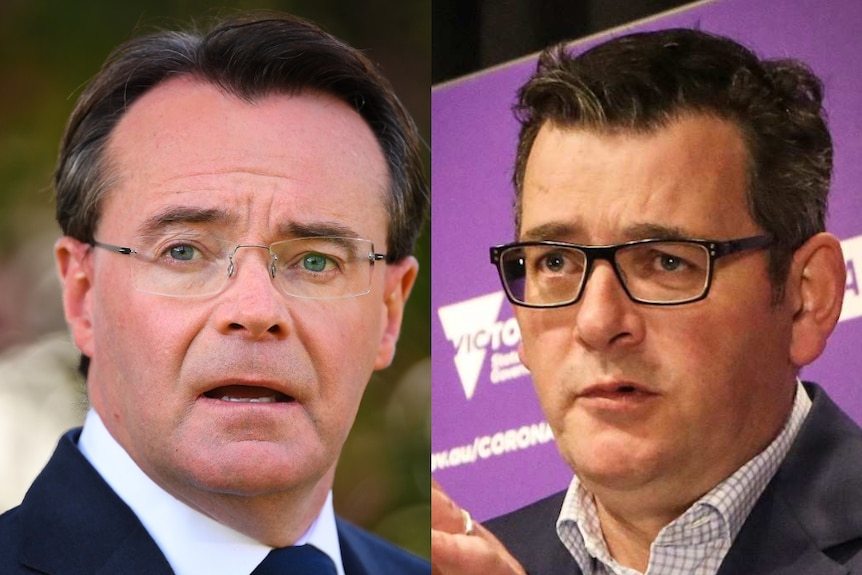 Two headshots of Opposition Leader Michael O'Brien and Premier Daniel Andrews