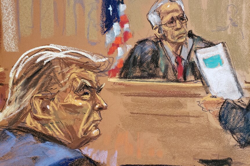 Courtroom sketch of Mr Trump beside his lawyer 