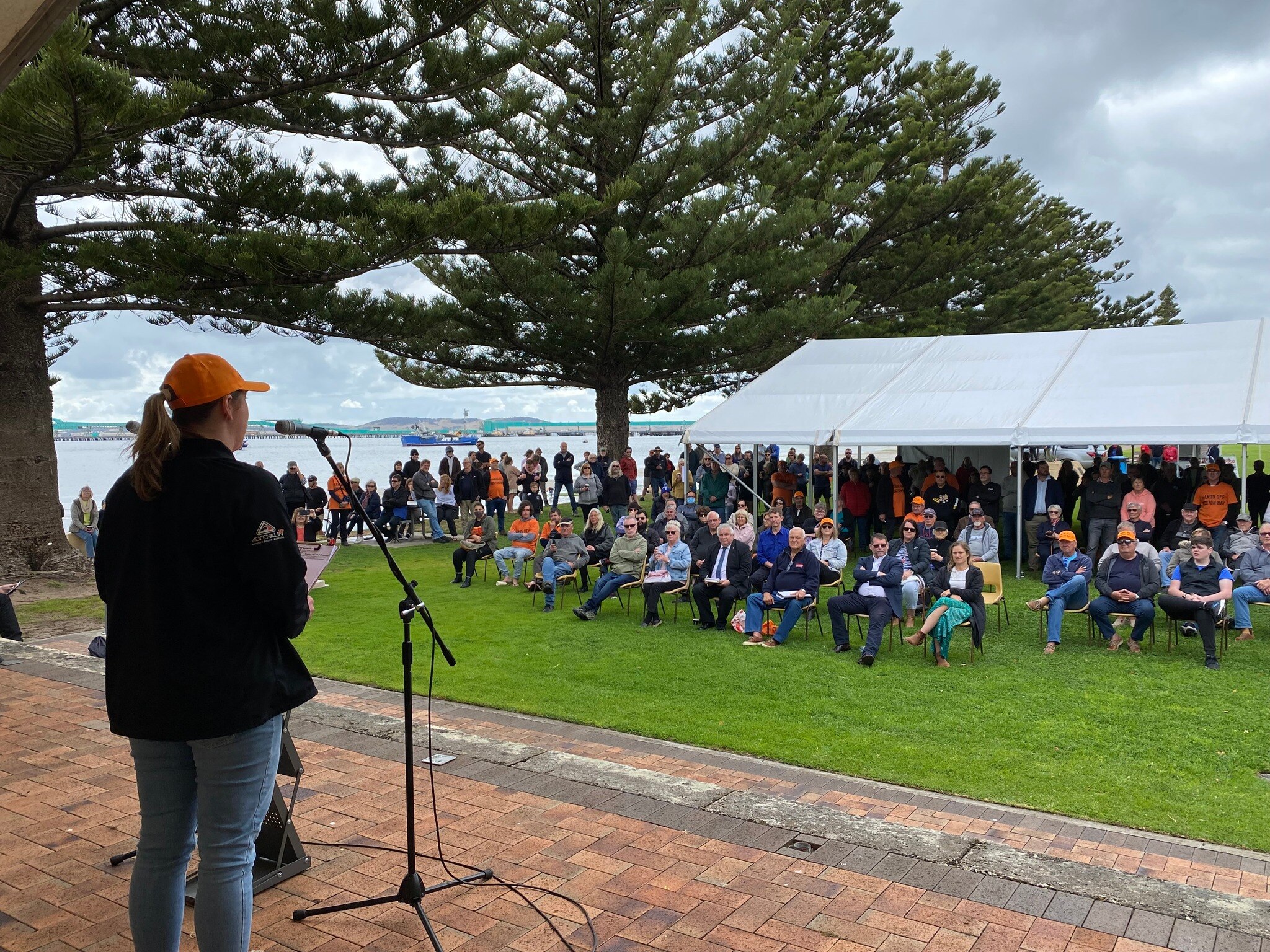 A photo taken from a stage behind a speaker, showing a large crowd of people seated in front of her in a park setting.