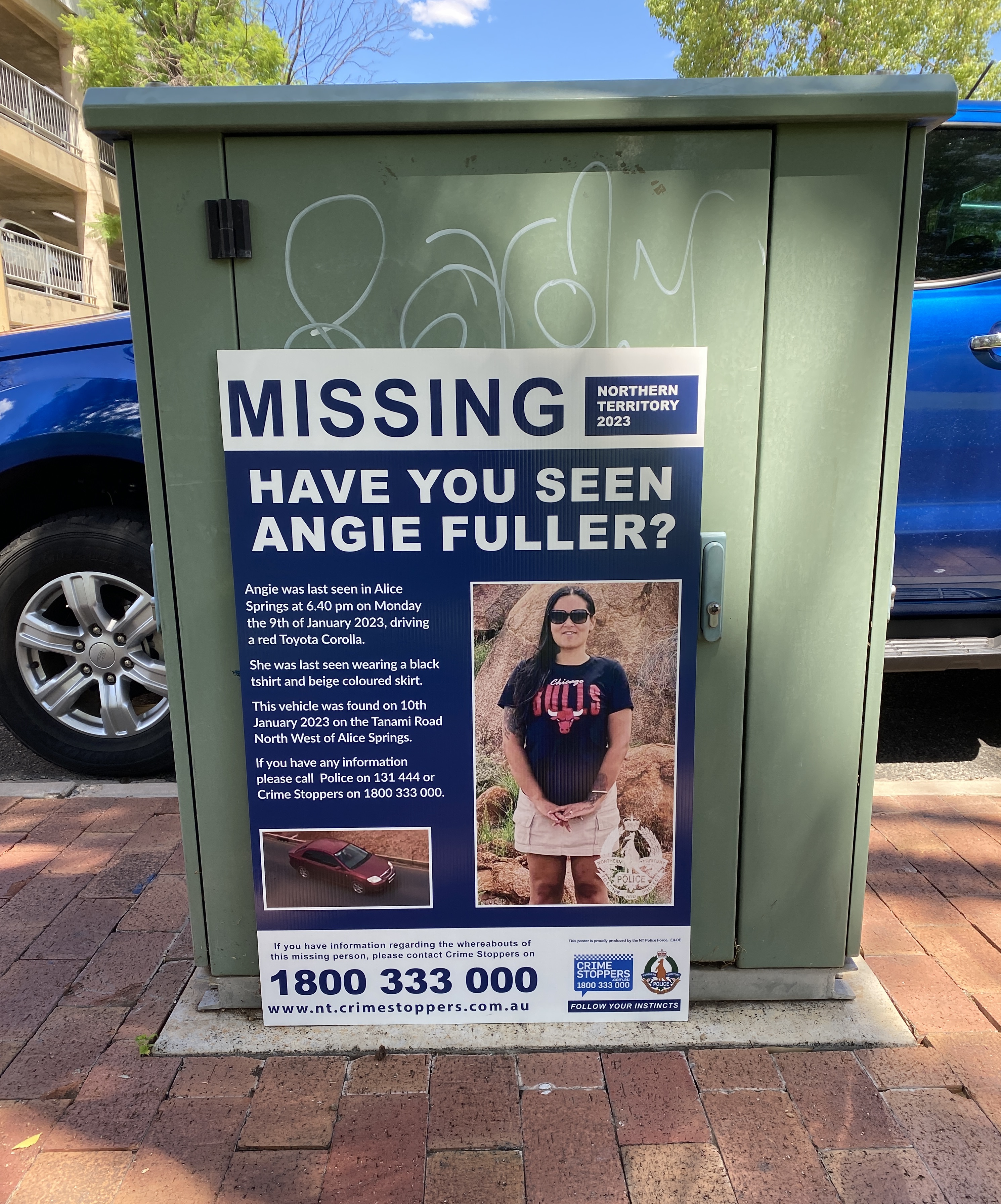 A missing police poster asking 'where is Angie Fuller', including photos of her and her car