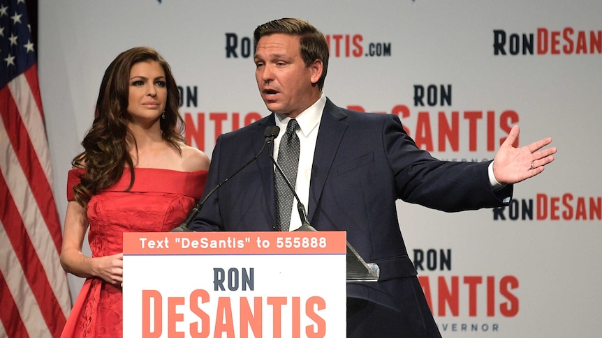 Florida Republican gubernatorial candidate Ron DeSantis with his wife Casey at an election party.