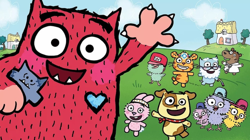 Love Monster waving with cute baby animals in the background