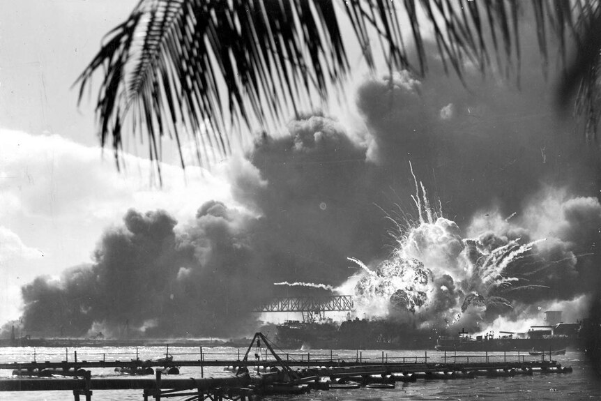 USS SHAW exploding Pearl Harbor