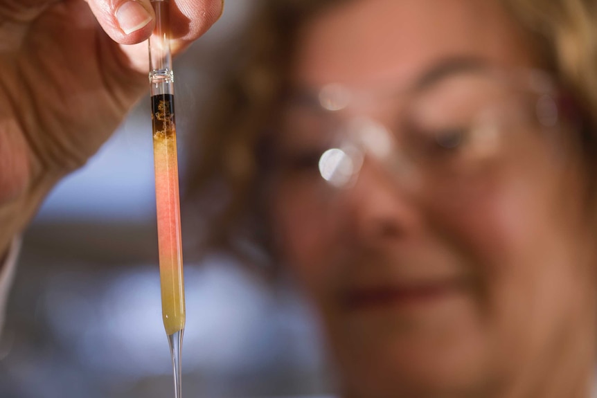 A vial containing a pink substance.