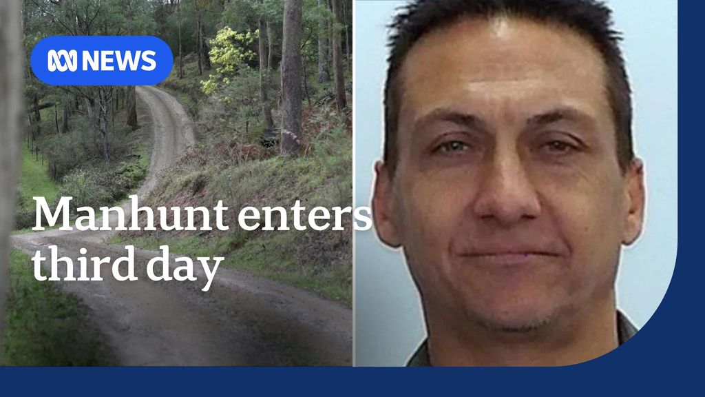 Manhunt enters third day: Composite image of dirt road through bushland and middle-aged man with brown hair.