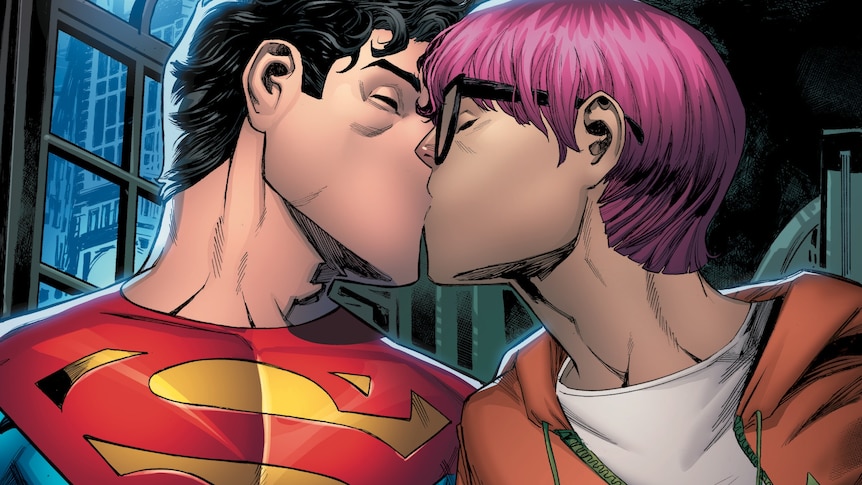 Comic book character Superman kisses Jay Nakamura.