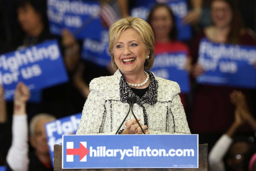 Hillary Clinton speaks to supporters at a primary night party.