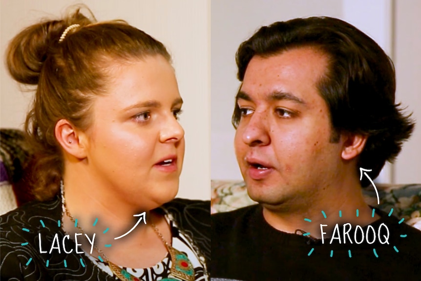 A composite image of Lacey and Farooq talking talking in their loungeroom.
