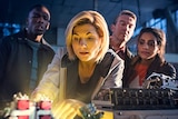 Tosin Cole, Jodie Whittaker, Bradley Walsh and Mandip Gill as the cast of Doctor Who.