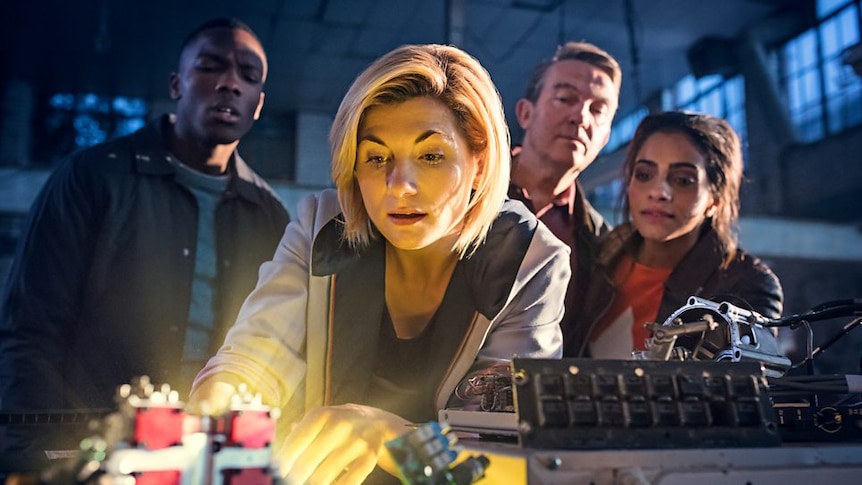 Tosin Cole, Jodie Whittaker, Bradley Walsh and Mandip Gill as the cast of Doctor Who.