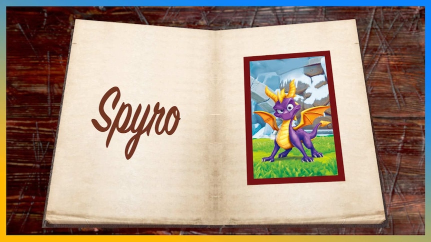 The page of a book with the words Spyro and an image of the purple dragon