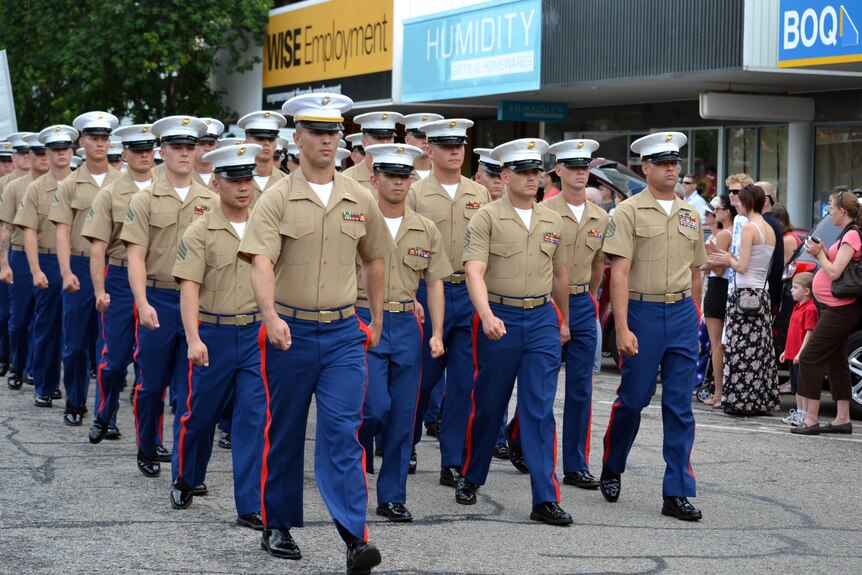US Marines march in Darwin on ANZAC Day.