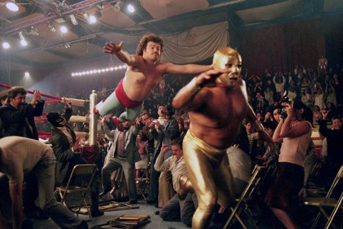 Jack Black jumps toward Cesar Cuauhtemoc Gonzalez Barron in a scene from Nacho Libre.