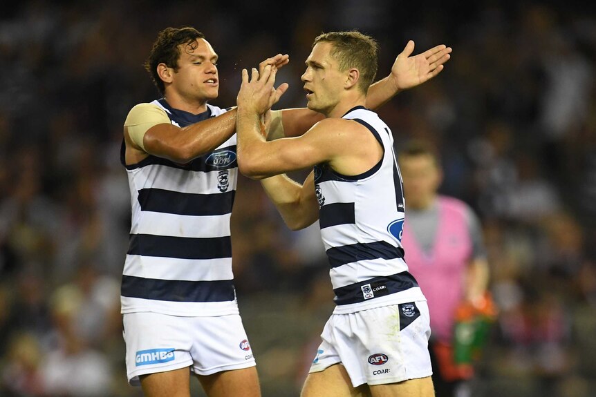 Steven Motlop (left) and Joel Selwood of the Cats react after Selwood kicked a goal