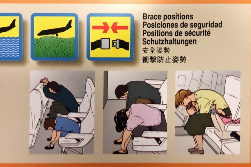 A safety card for US airline United shows cartoon figures bracing for emergency landings or extreme turbulence.