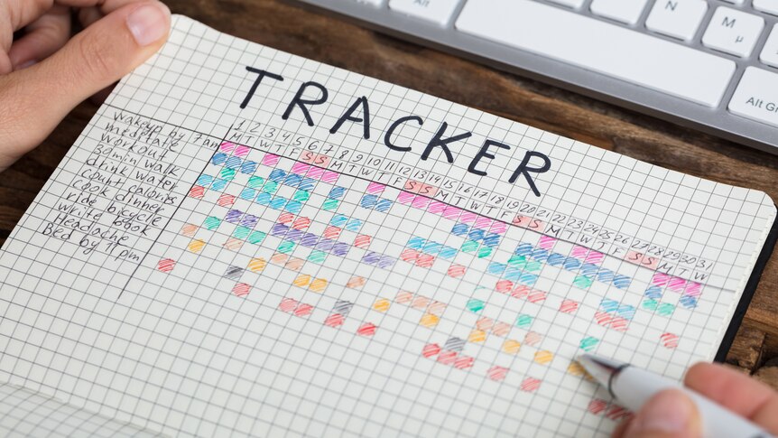 An open grid-lined notebook with a bit heading saying "TRACKER" at the top, with various habits listed, like "work out" etc