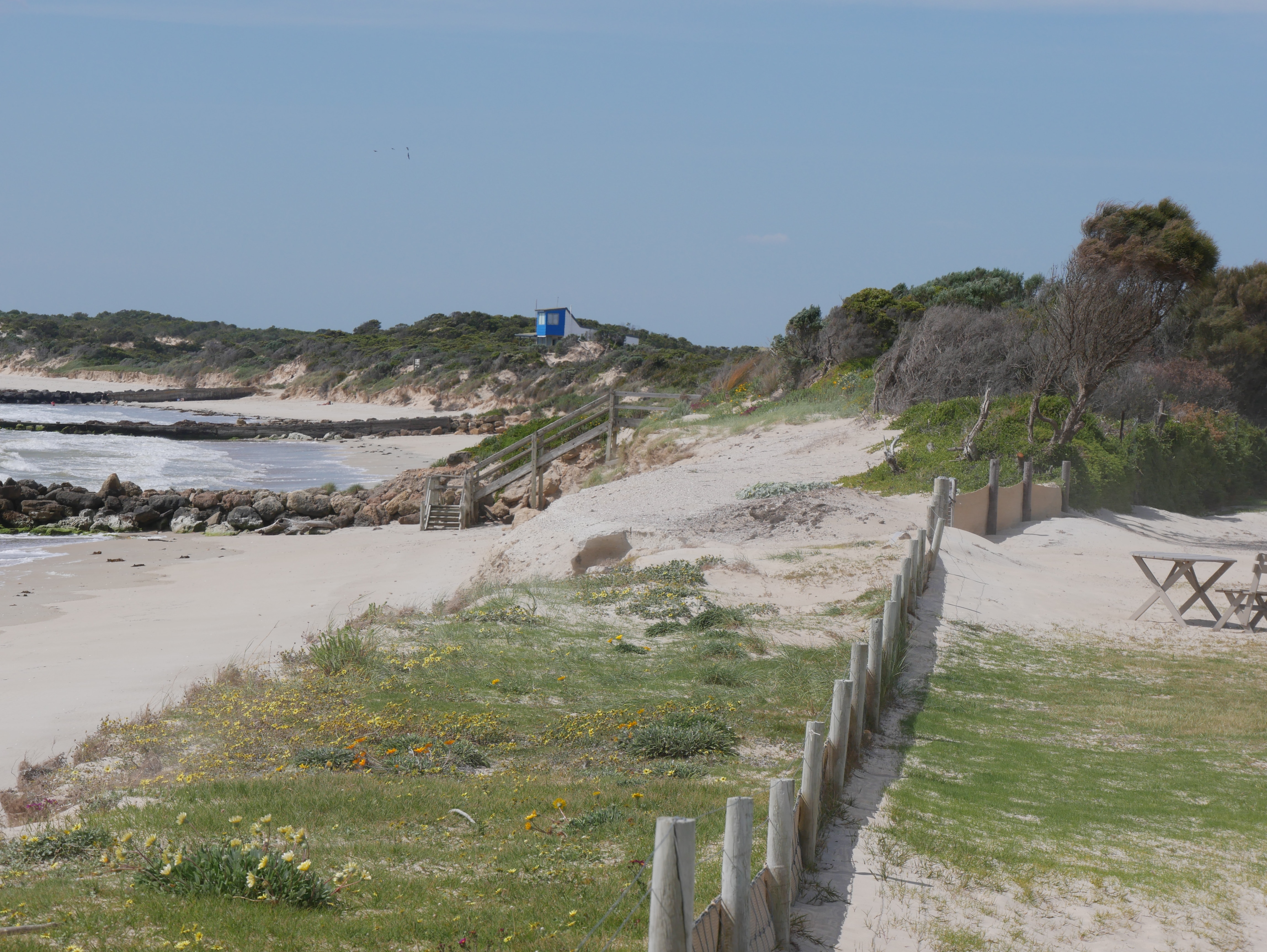 A fence along the edge of an eroding beach. 