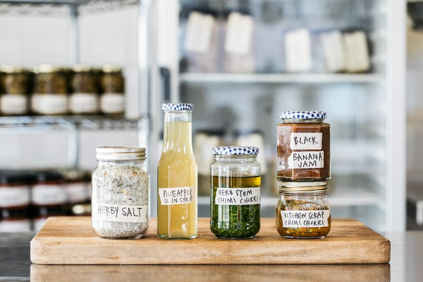 Jars of preserves and jams made with old vegetables and fruit.