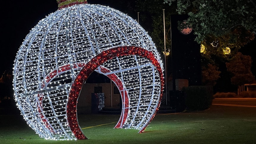 A Christmas lights display on a lawn