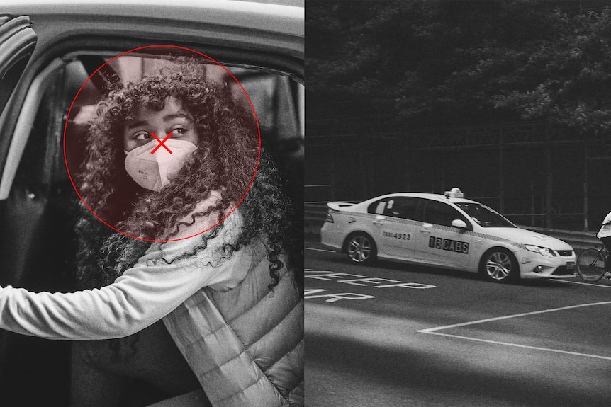 A graphic of a woman getting into a taxi, she is marked with a red cross.