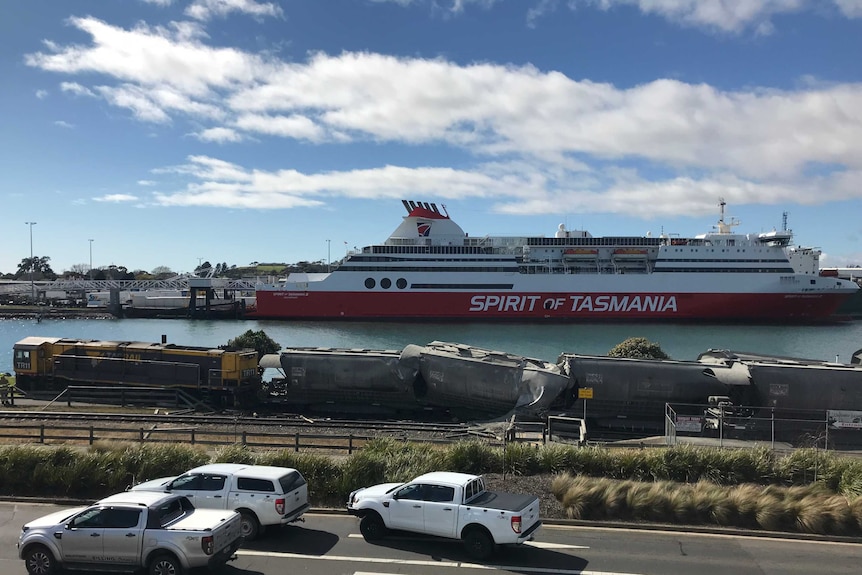 Derailed train showing engine.