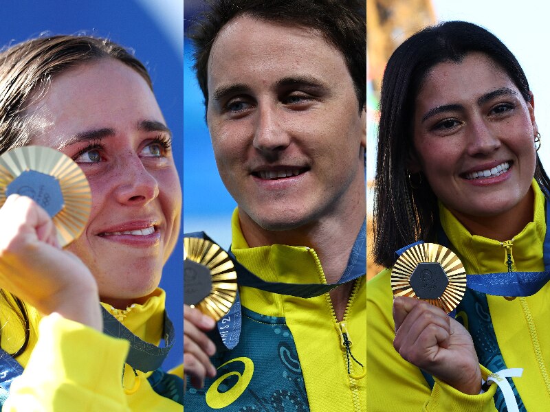 A composite of three gold medal winners. Left to right: Noemi fox, cam mcevoy and Saya Sakakibara  