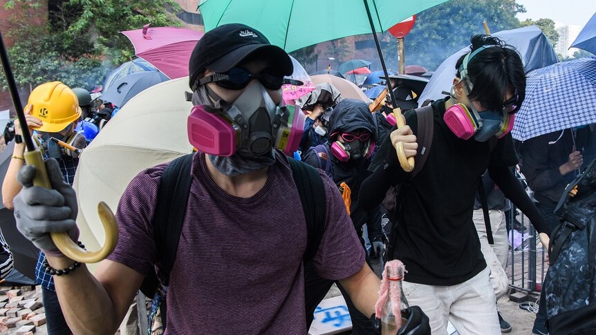 Protesters in the streets of Hong Kong.