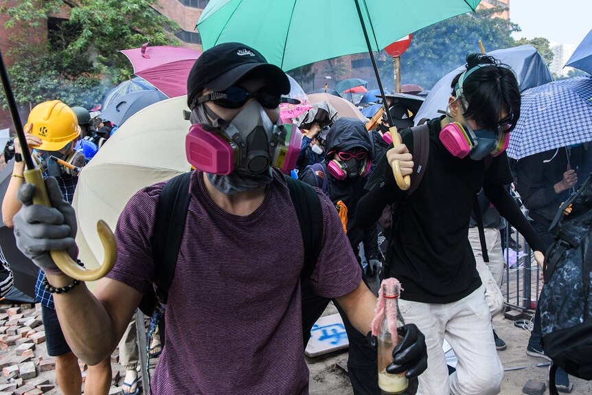 Protesters in the streets of Hong Kong.