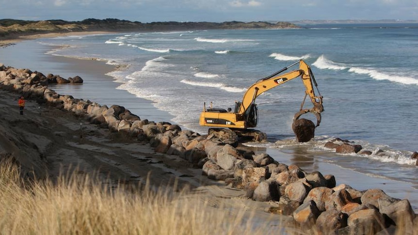 Boulders being lifted into place at Port Fairy beach