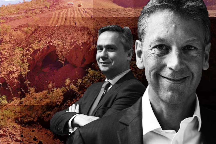 Image of current and former Rio Tinto bosses superimposed in front of the Juukan Gorge.