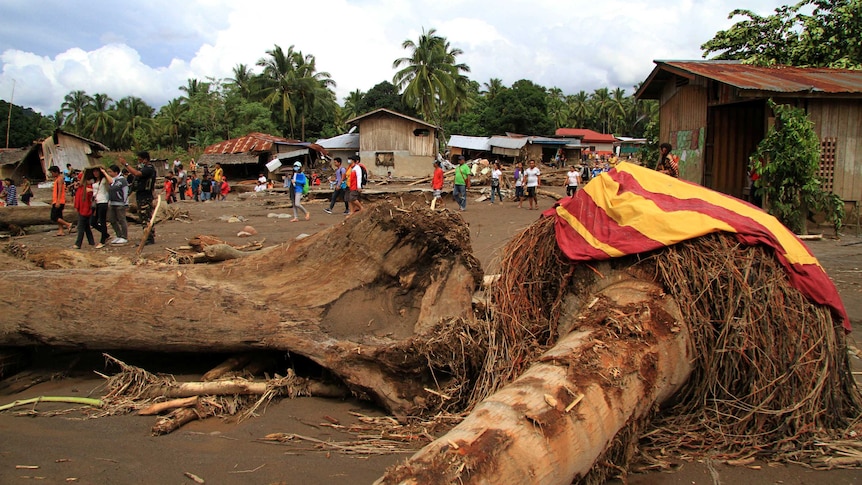 Logs swept by flash floods lie in a village in Salvador, Lanao del Norte in southern Philippines