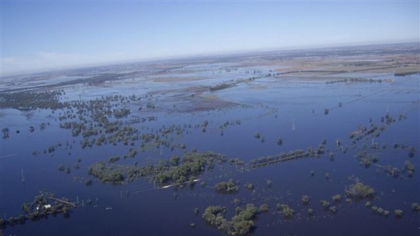 Aerial shot of floodwater surrounding the town of Kerang in Victoria on January 22, 2011.