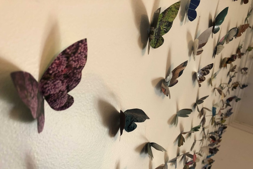 A close up of paper butterflies made from old magazines stuck to a white wall.