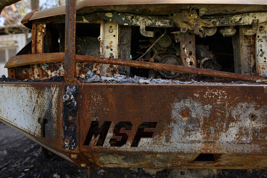 The rusty charred remains of a MSF ambulance.