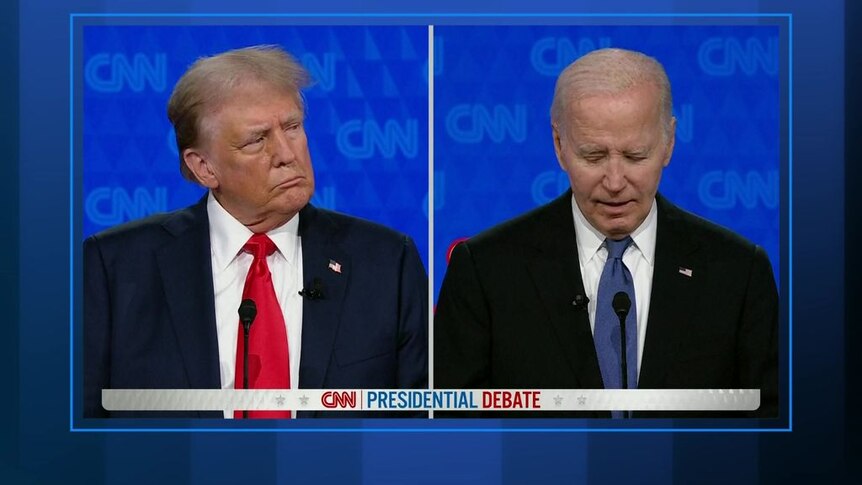 Screengrab of Joe Biden and Donald Trump in a composite shot during a presidential debate on CNN.