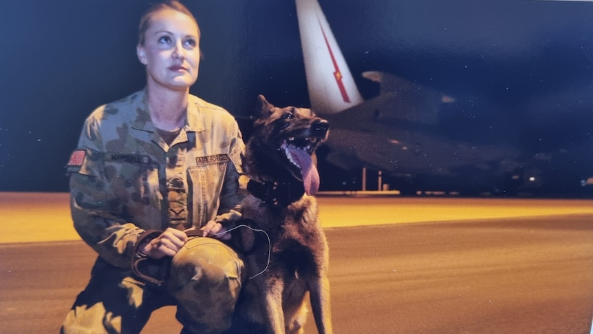 A woman in a military uniform kneeling next to a dog with a parked plane in the background.