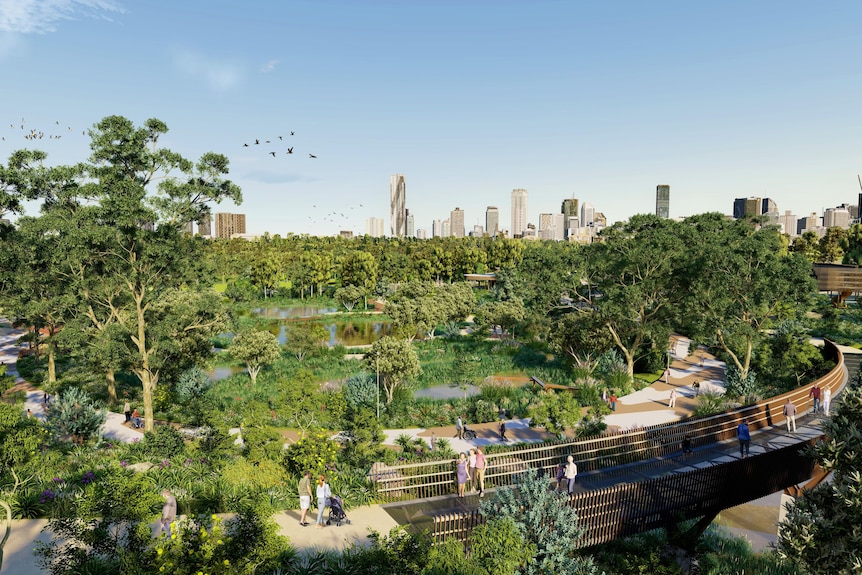 An artist's impression of a revitalised city park.