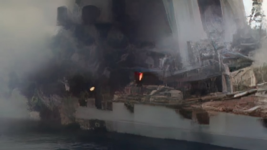 Moskva Russian ship onboard damage close-up Ukraine war