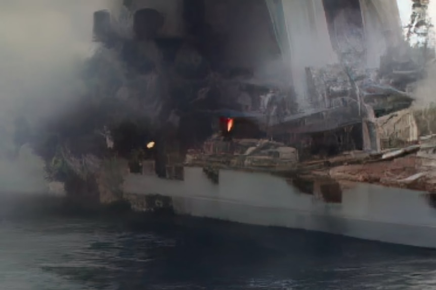 Moskva Russian ship onboard damage close-up Ukraine war