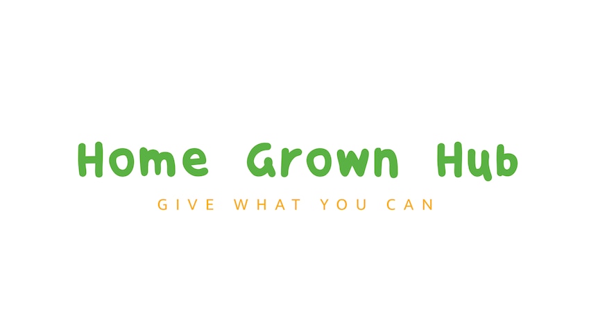 Text in green saying 'Homegrown Hub' with smaller text below saying 'give what you can'