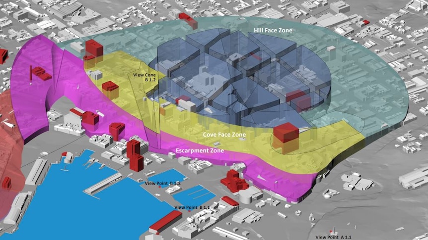 Diagram of proposed height control planes and view cones for Hobart.