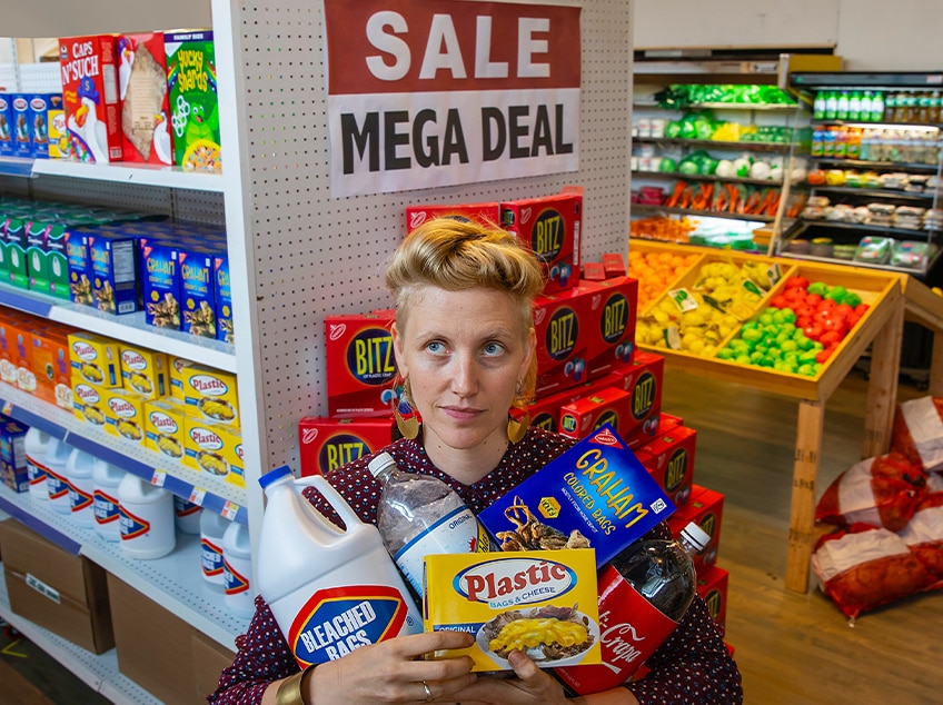 A woman with quaffed blonde hair with several grocery items named with puns on plastic.