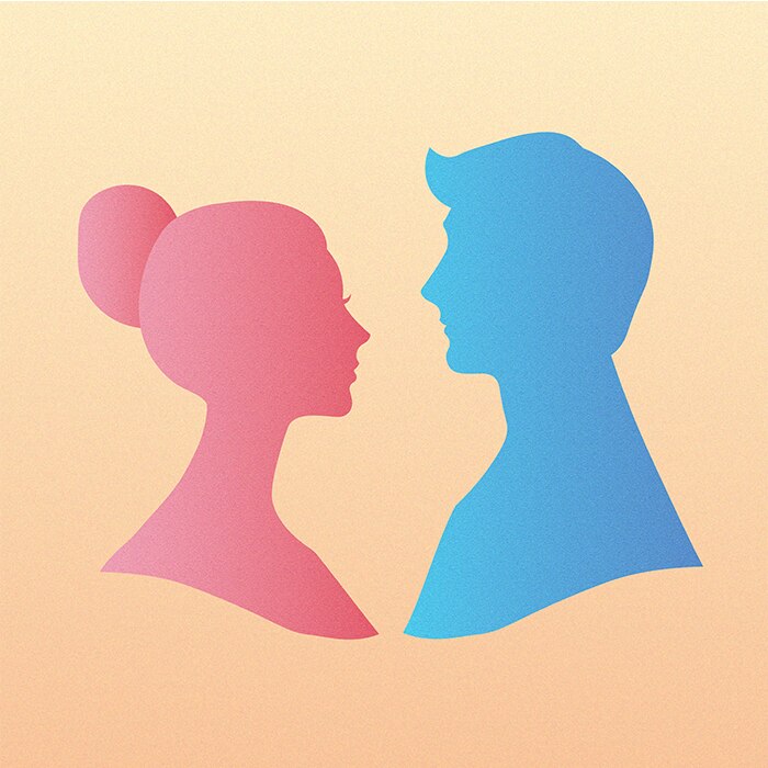 Side profile silhouettes of a pink woman and a blue man facing each other