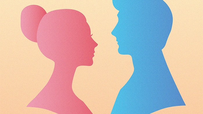 Side profile silhouettes of a pink woman and a blue man facing each other